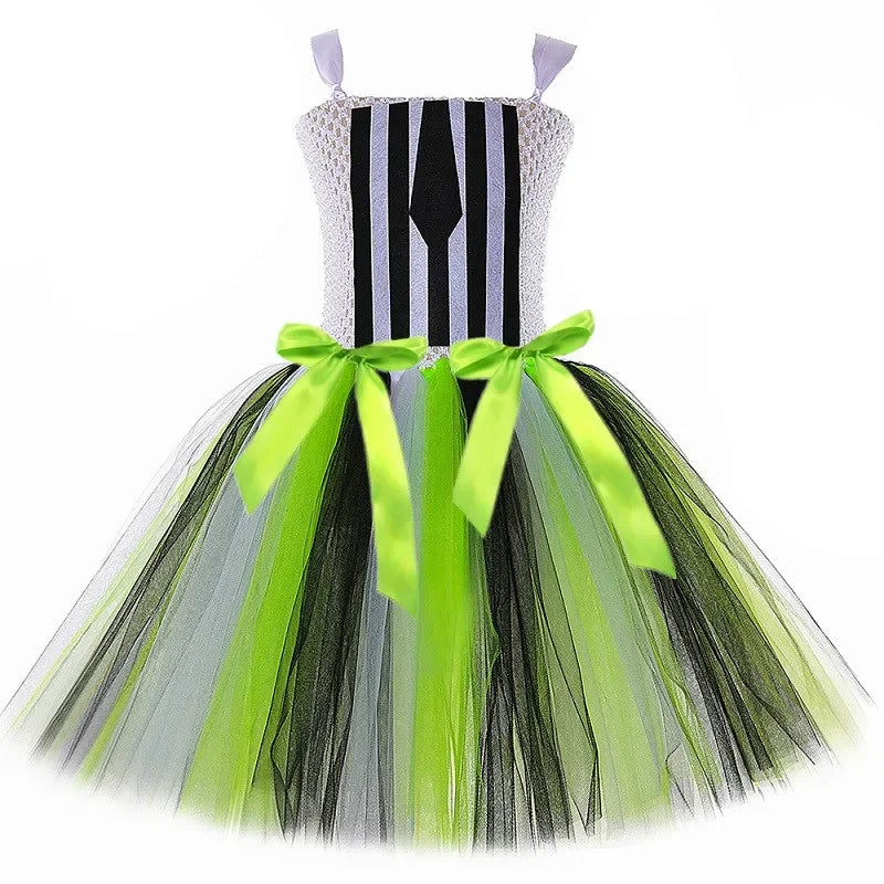 Kids Beetle Juice Costume Girls Black White Striped Tulle Tutu Dress Girls Halloween Carnival Party Princess Dress Up Clothes