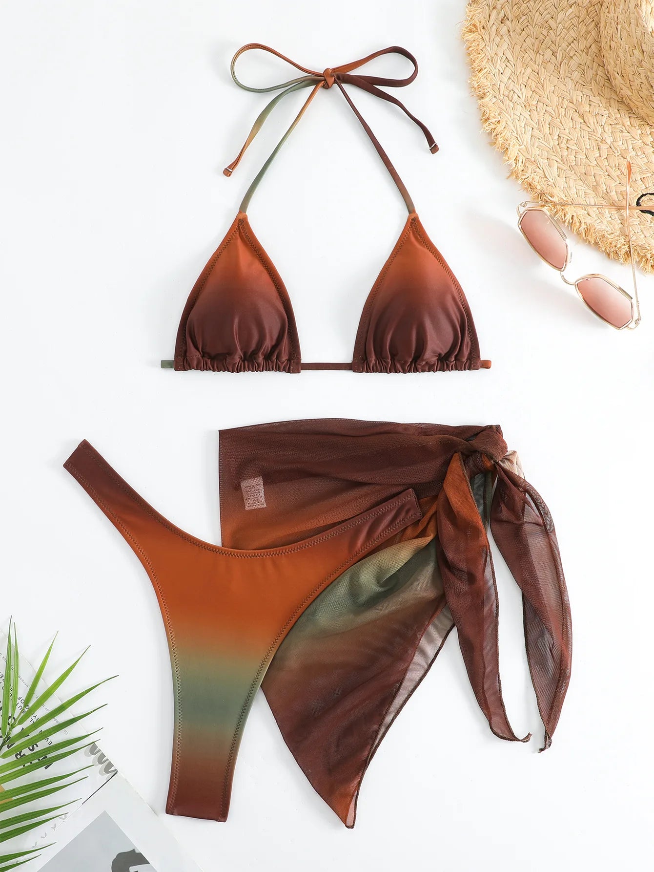 Sexy Brown Gradient Bikini 2024 Swimwear Women Halter Push Up Bra Mesh Skirt 3 Piece Swimsuit Bathing Suit Cover Up Bikinis Sets