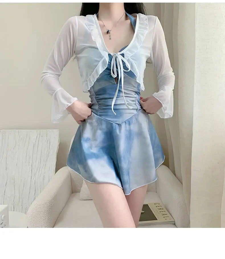 New Tenderness Sweet Cute Blue Halter Bikinis Swimsuit Aesthetics Fashions Slim Onsen Conservative Swimwear Bikinis Set