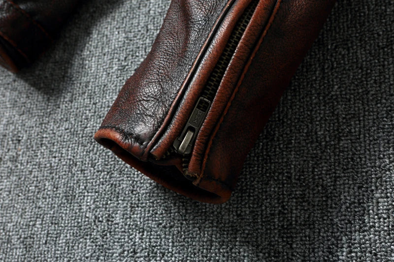 Vintage Red Brown Men Leather Jacket 100% Cowhide Jackets Slim Fit Soft Skin Coat Autumn Jaqueta Masculina De Couro
