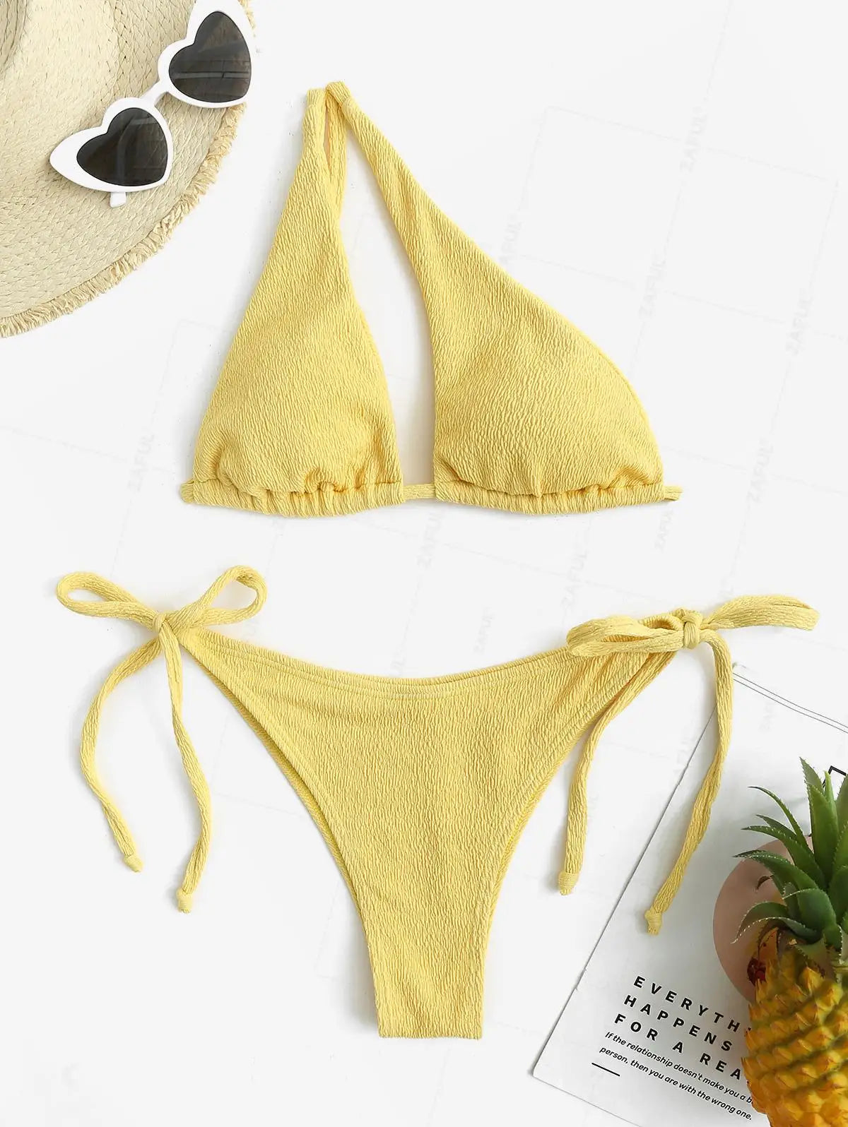 ZAFUL Bikini Set Textured One Shoulder O-ring Swimwear Women Beachwear Bathingsuit Removable Pads Wire Free Bather Swimingsuit