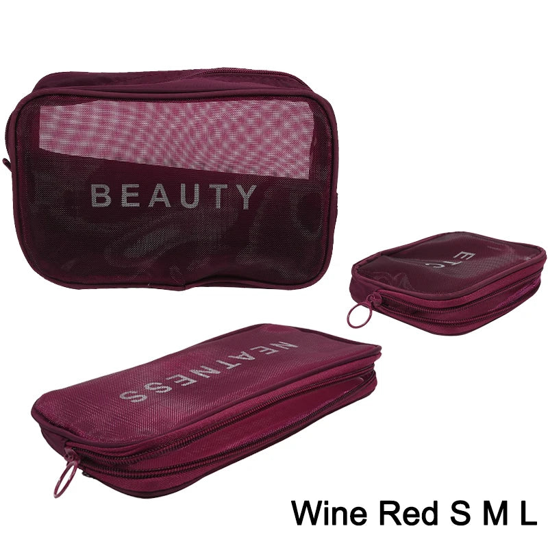 Transparent Mesh Makeup Bag Women Travel Toiletry Wash Cosmetic Bag Storage Case Letter Printed Zipper Make Up Bags 3 Size