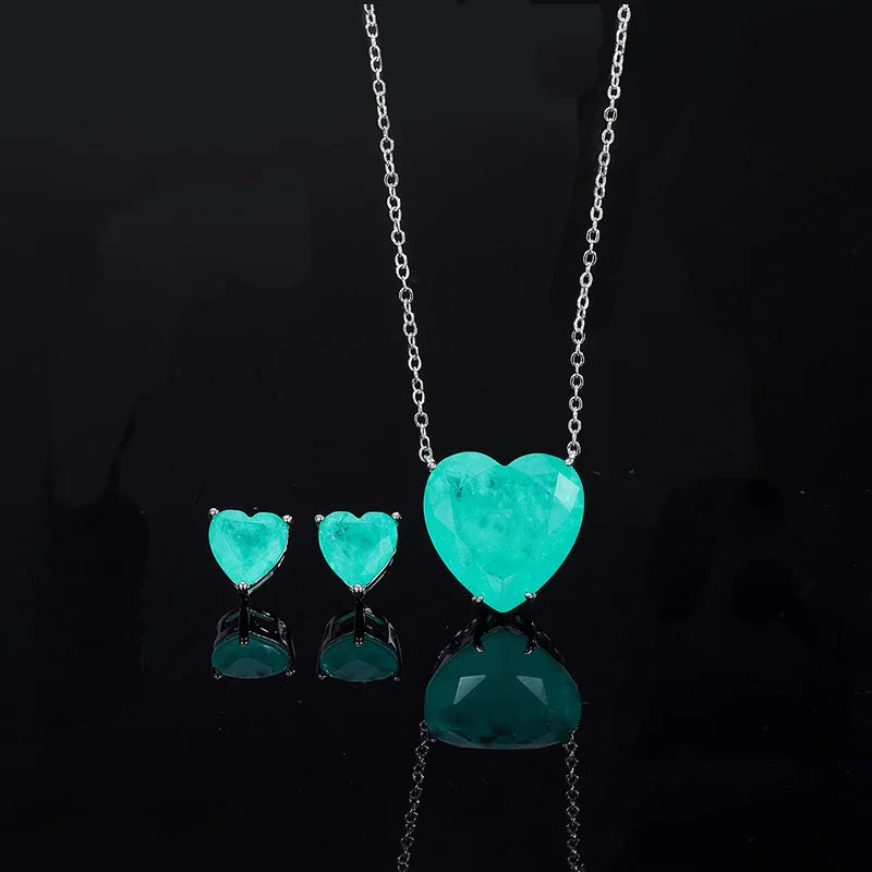 Luxury Silver Color Paraiba Tourmaline Gemstone Heart Necklace Earring for Women Wedding Dinner Party Jewelry Anniversary Gift