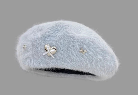 Autumn and Winter Elegant Pearl Plush Beret Japanese Style Handmade Lolita Snowflake Love Heart Bow Tie White Hat for Women Caps