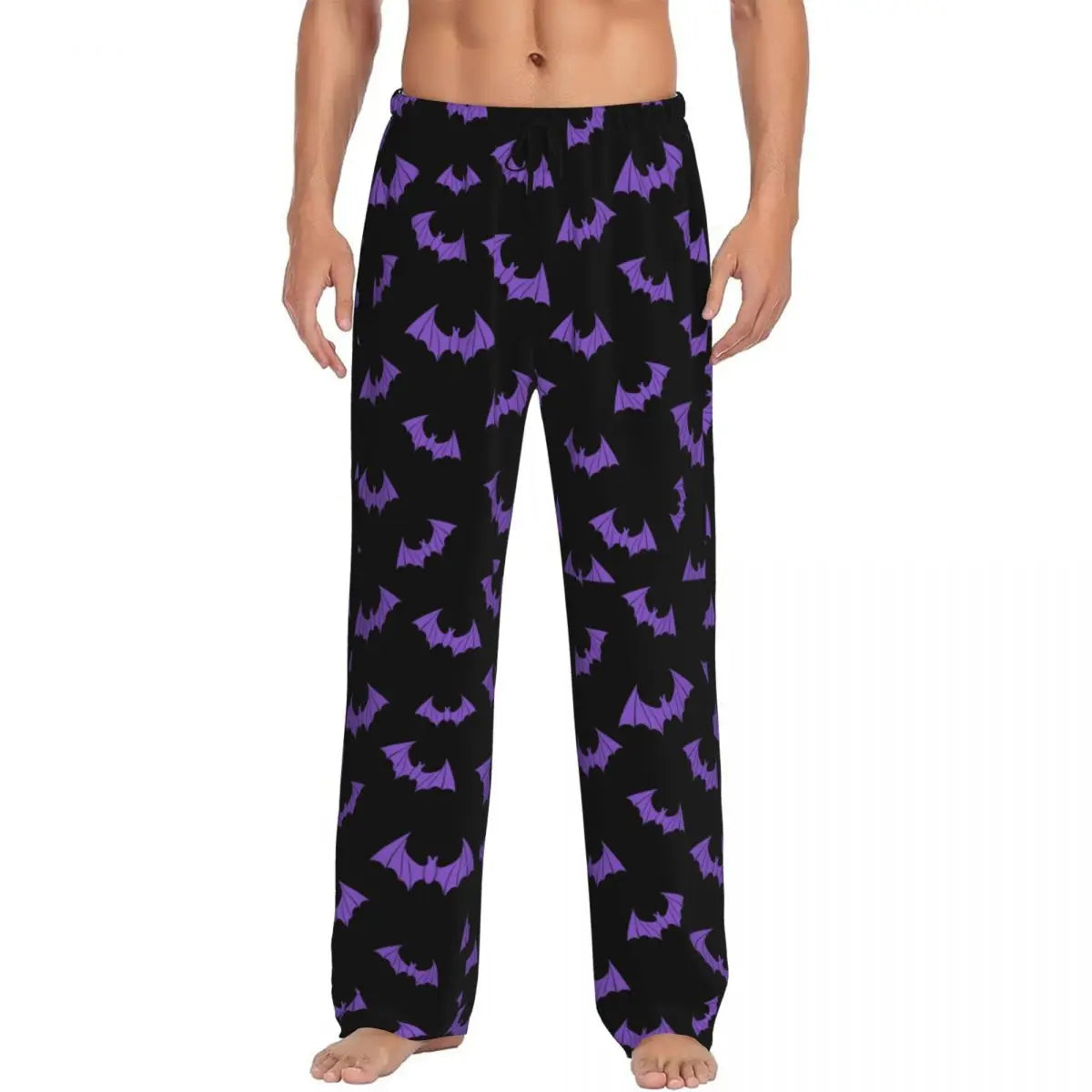 Custom Cute Spooky Halloween Bats Black And Purple Pajama Pants for Men Lounge Sleep Drawstring Sleepwear Bottoms with Pockets
