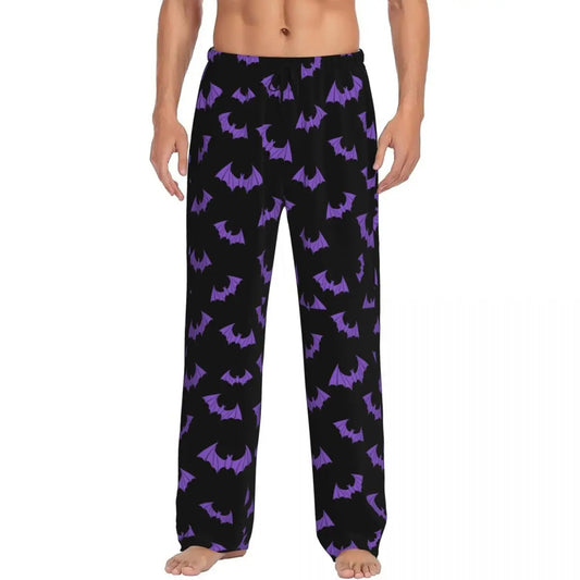 Custom Cute Spooky Halloween Bats Black And Purple Pajama Pants for Men Lounge Sleep Drawstring Sleepwear Bottoms with Pockets