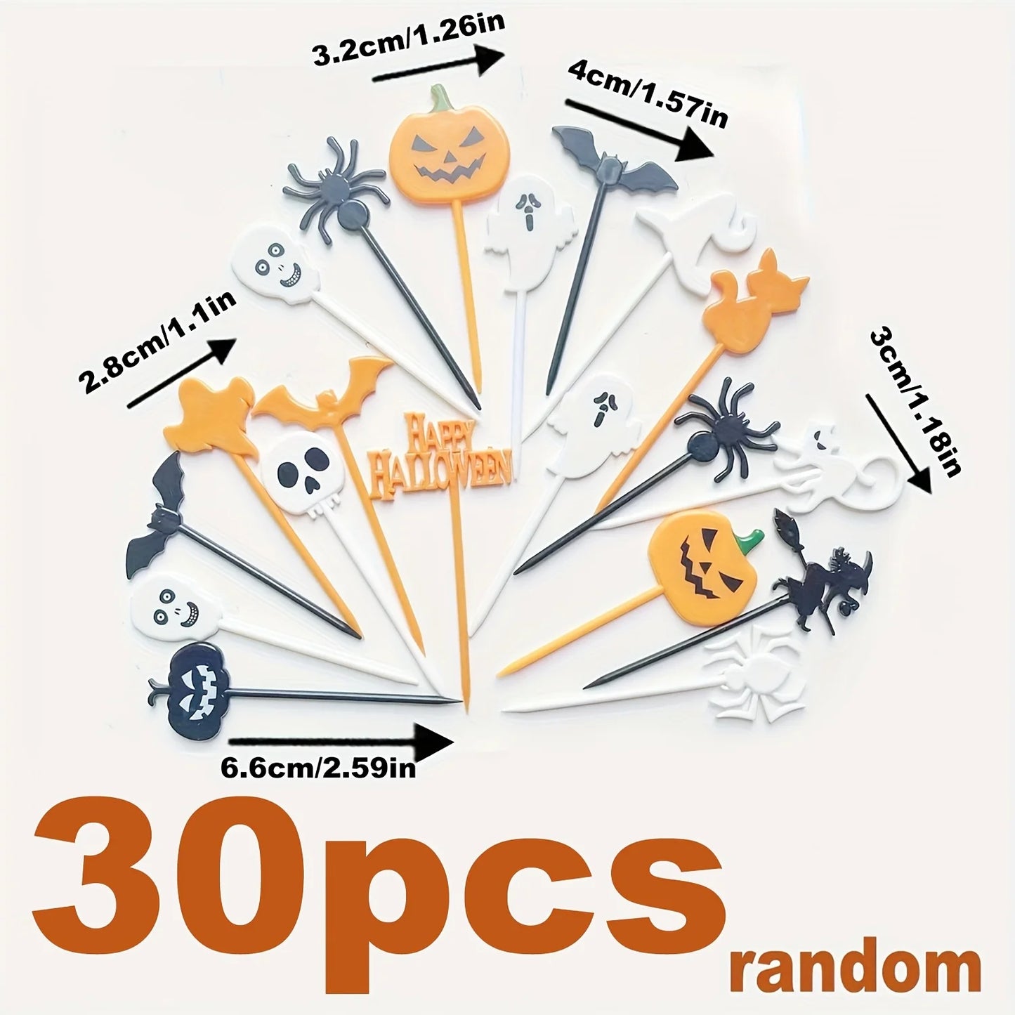 10/30/40PCS Plastic Halloween Toothpicks Halloween Cupcake Topper Ghost Bat Spider Fruit Toothpicks Halloween Party Cake Decorat