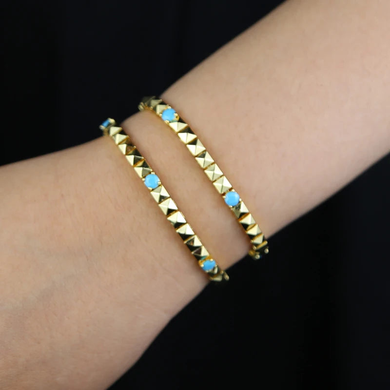 High Quality Simple Geometric Women Jewelry Fashion Gold Color White CZ Blue Turquoises Beaded Chain Bracelet Necklace
