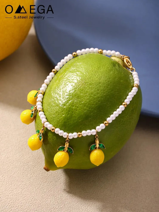 Shell Beads Bracelet With Multi Lemon Charms For Women Handmade Beaded Bracelets Matching Earrings Necklace Cute Jewelry Sets