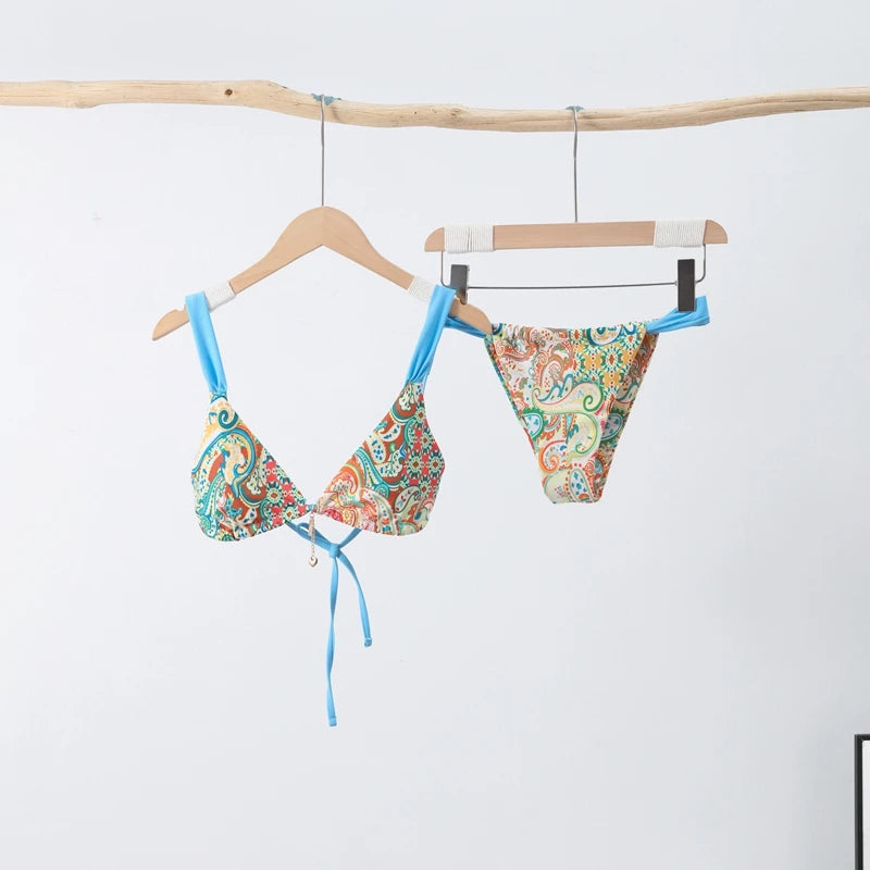 Beach Printed Bikini Skirts Set Women's Sexy Backless Sleeveless Lace-up Swimwear Long Skirt 2025 Summer New Lady Vacation Suit