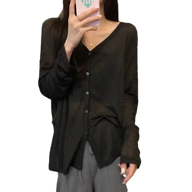 Solid V-neck Shirt Women Spring Single Breasted Chiffon Loose Slim All-match Sun Protection Thin Breathable Fashion Slim Cozy