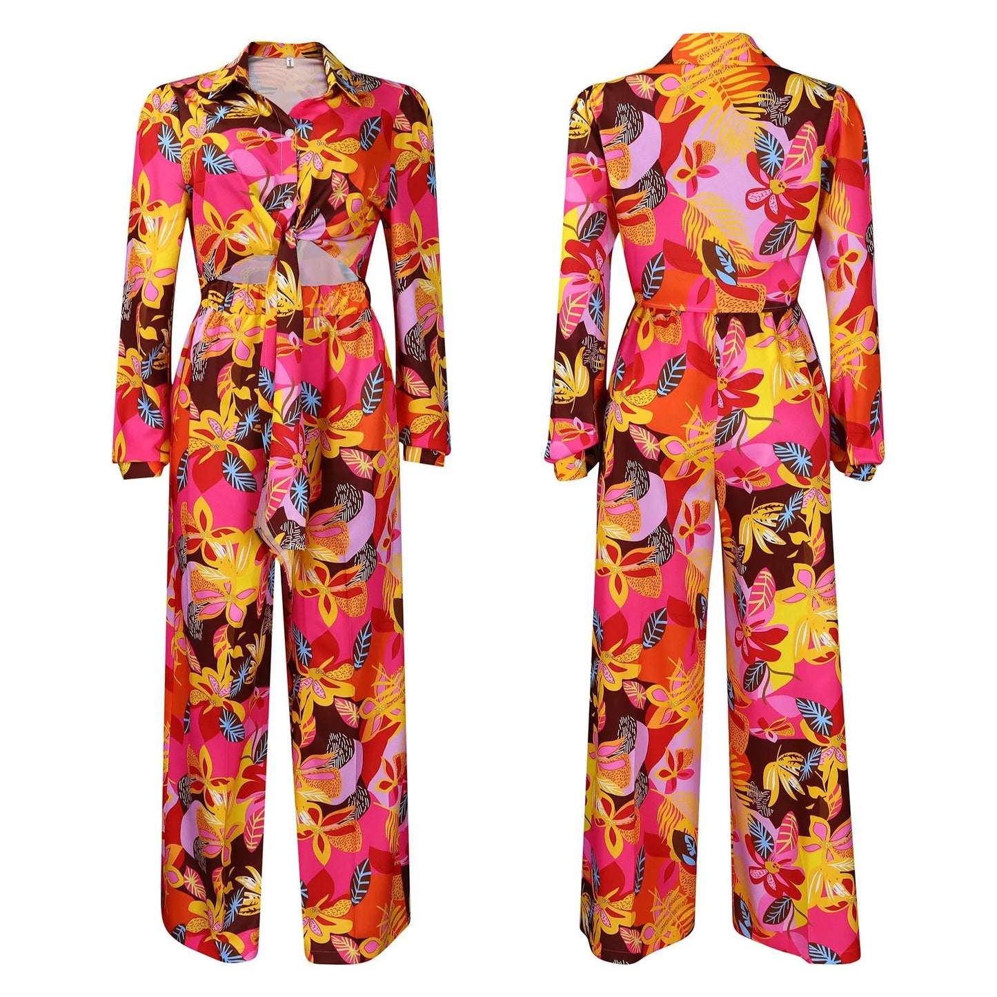 Women 2 Pieces Printed Pants Sets Blouse & Wide Leg Pants Floor Length Fashion High Street Wear Female Two Pieces Matching Sets