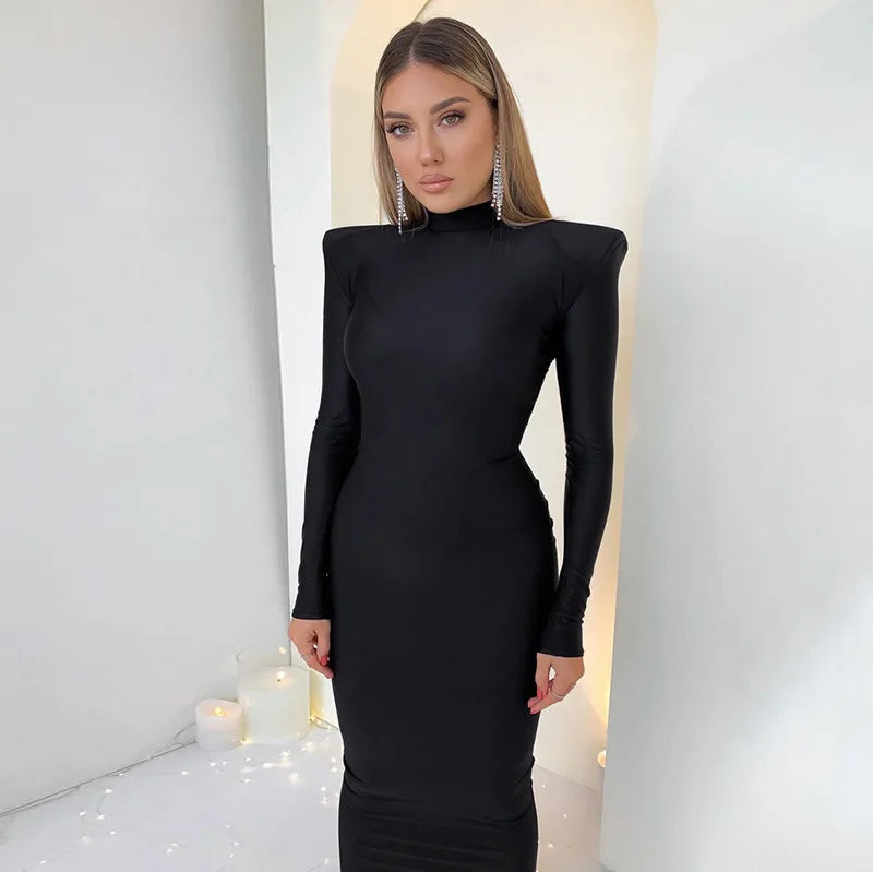 Shoulder Padded Long Sleeve Bodycon Green Party Club Maxi Long Dress 2023 Spring Autumn Women Fashion Elegant Clothes