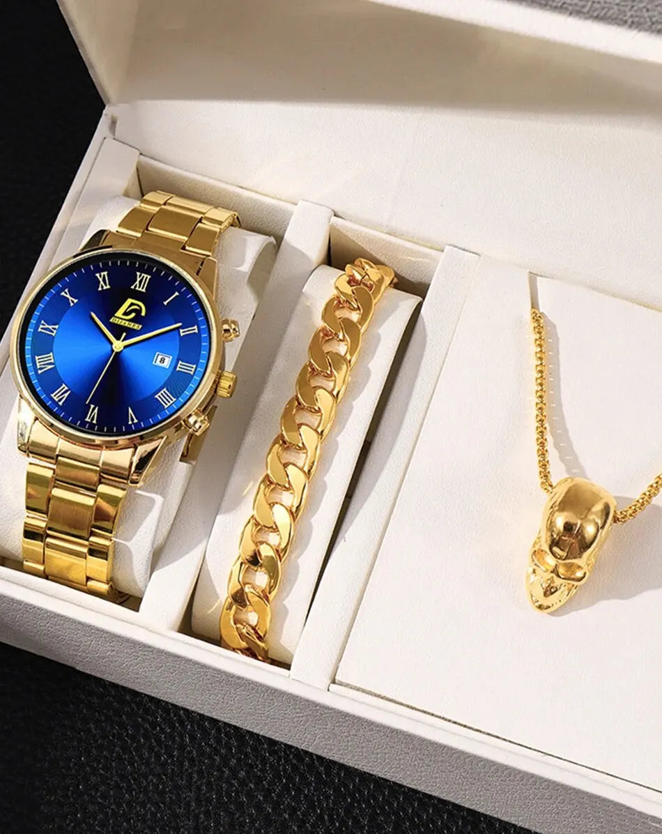 1Pcs Men's Casual Business Stainless Steel Band Quartz Watch 2PCS Luxury Alloy Bracelet Necklace Birthday Christmas Gift Set