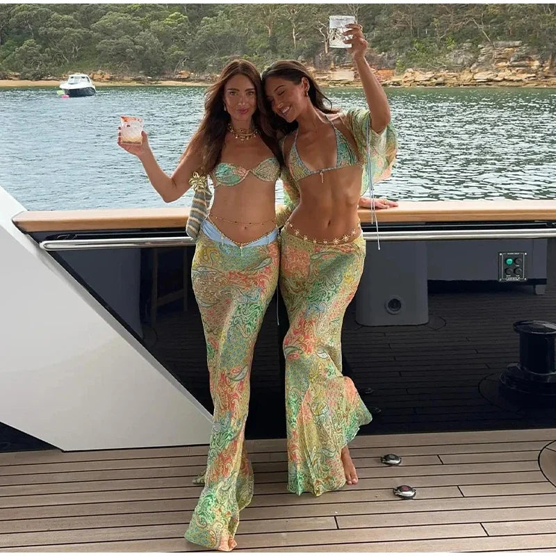 Beach Printed Bikini Skirts Set Women's Sexy Backless Sleeveless Lace-up Swimwear Long Skirt 2025 Summer New Lady Vacation Suit