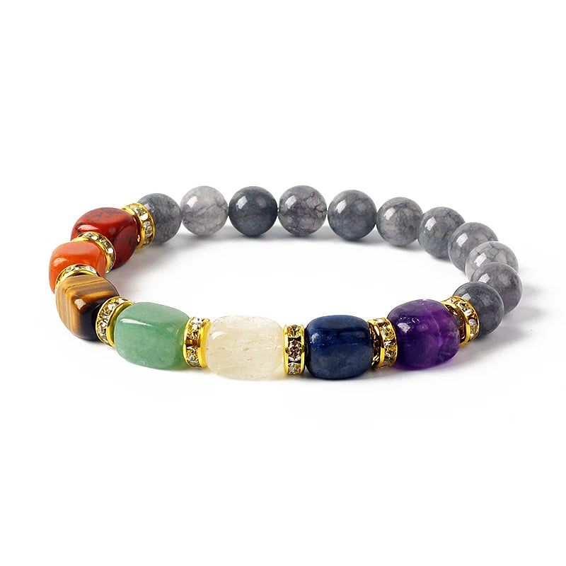 Natural Stone 7 Chakra Bracelets Reiki Healing Energy Hematite Tiger Eye Beaded Elastic Bracelets for Women Girls Yoga Jewelry