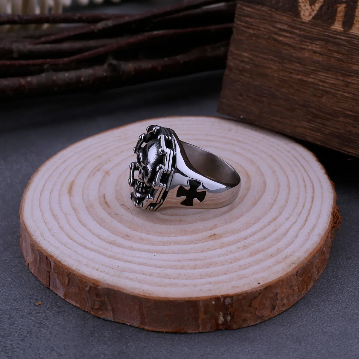 Men's Stainless Steel Chain Skull Ring Cross Motorcycle Chain Hip Hop Punk Gothic Ring Men Jewelry Gift Wooden Box Dropshipping