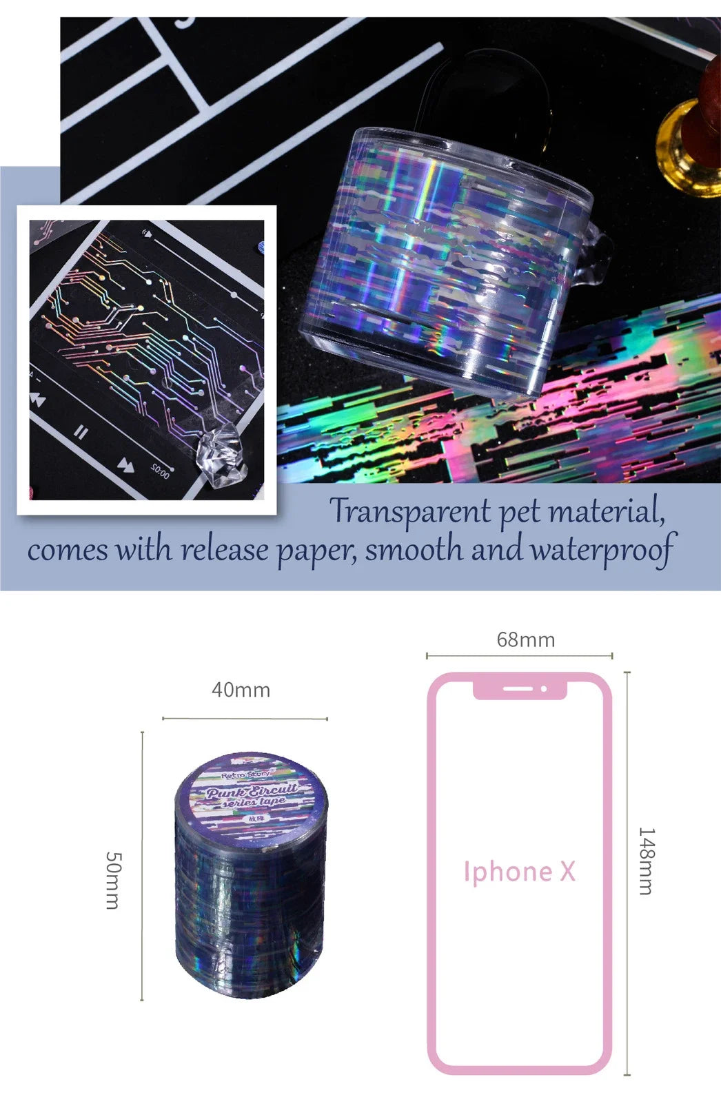 JIANWU 50mm*200cm Punk Circuit Series Vintage Laser Material Collage Landscaping PET Tape Creative DIY Journal Stationery