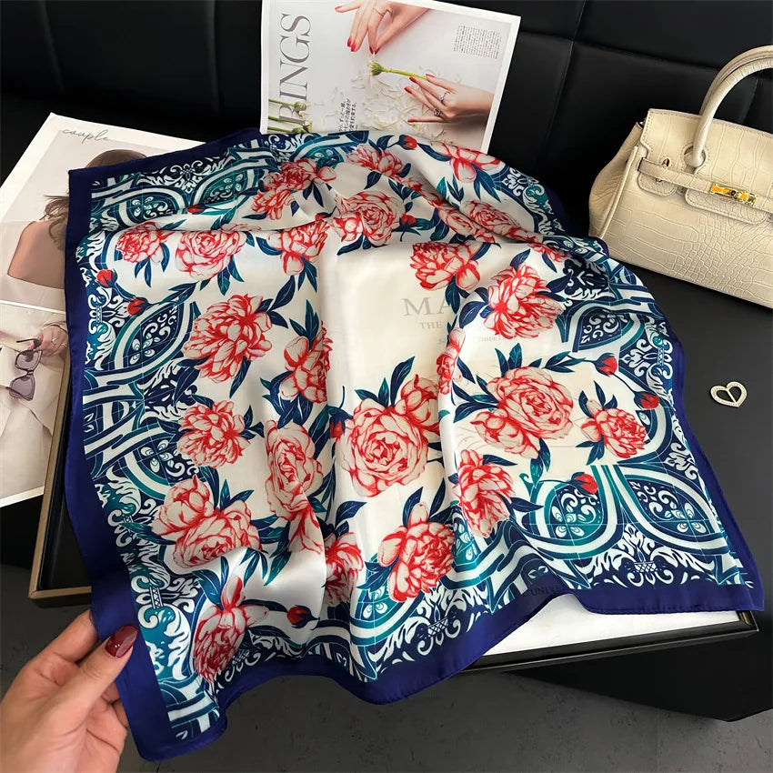 Imitated Silk Headcloth Fashion Flower Print Square Shawls Popular 70X70cm Bandanna Kerchief Sun Protection Silk Scarves Tie Bag