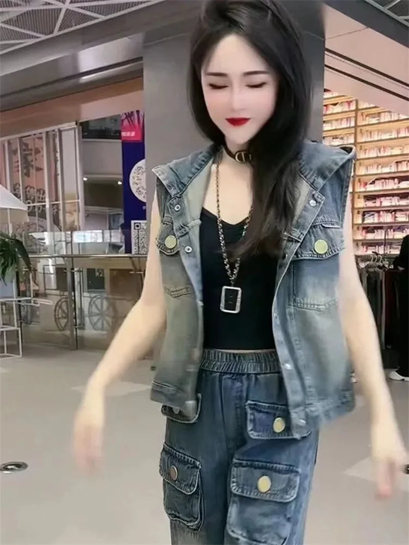 Fashion Fashion Backless Hooded Denim Vest 2025 Spring Summer Autumn New Korean Women's Vest Jacket Sleeveless Denim Jacket Top