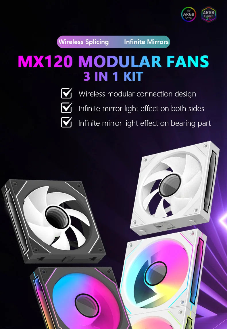 JUMPEAK MX120 360mm Modular Wireless Splicing 120mm PC Case Cooling Fan ARGB Infinite Mirror Light Effect For Water Cooler Fan