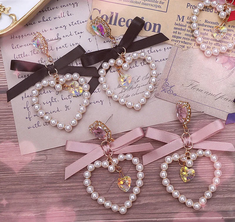 Dainty Japanese Style Women's Bow Earing Sweat Pearl Heart Earings Rhinestone Pendant Heart Earrings Accessories for Girl