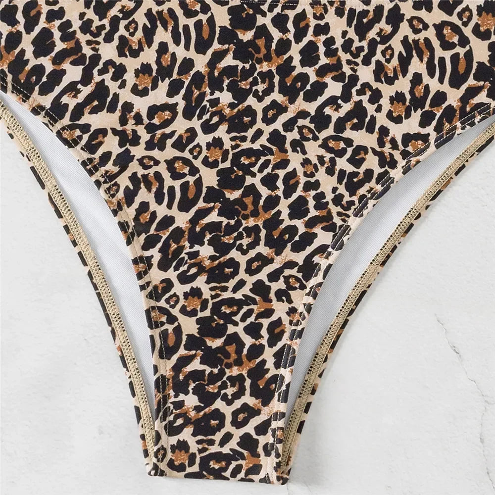 Leopard Print Swimwear Bandeau Bikinis Sets Sexy Swimsuit Women Metal Ring Wrinkled Bathing Suit Brazilian Bikini 2025 Mujer