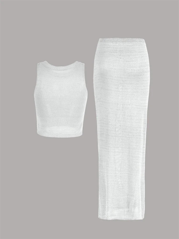 Sexy Transparent Sleeveless Shiny Camisole Tank Top Long Dress Two Piece Set 2025 Fashion Elastic Waist Wrap Hip Knitted Set K68