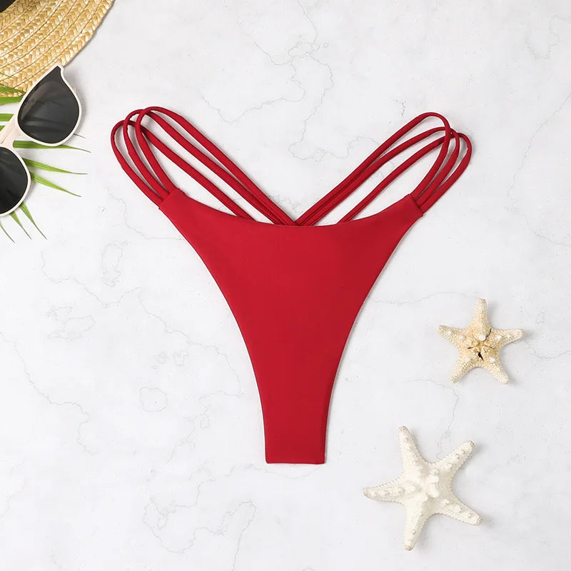 Sexy Bikini Thong Women Swimsuit Solid Hollow Out Low Waist Swimming Trunks Summer 2025 New Spice Girl Beach Vacation Bikinis