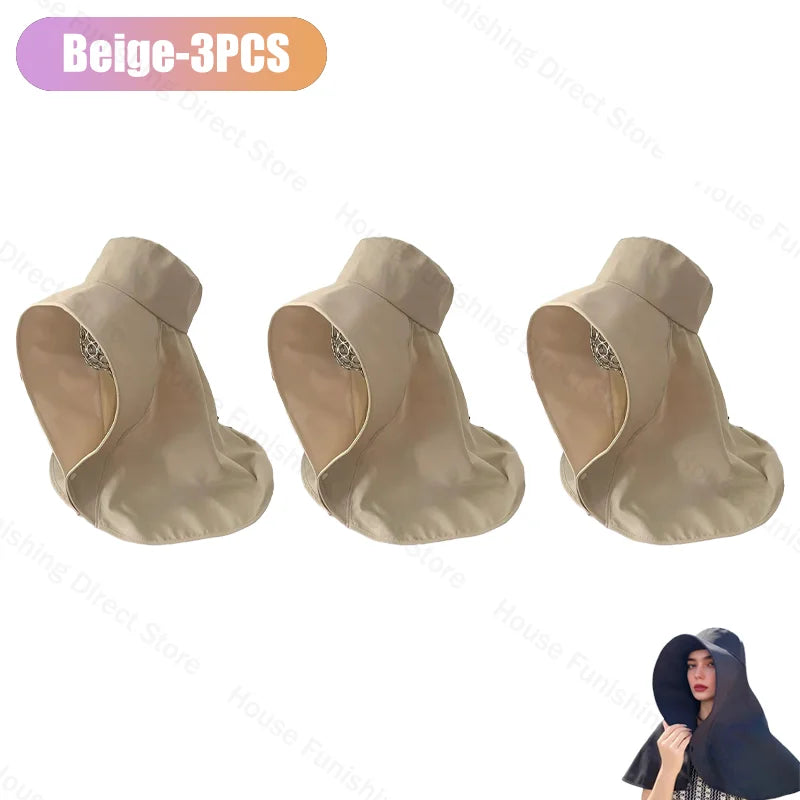 Summer Women Cap Outdoor Uv Anti Neck Protection Sun Visors Hat Fishing Hiking Big Brim Shawl Sunscreen Ponytail Cap Solid Color