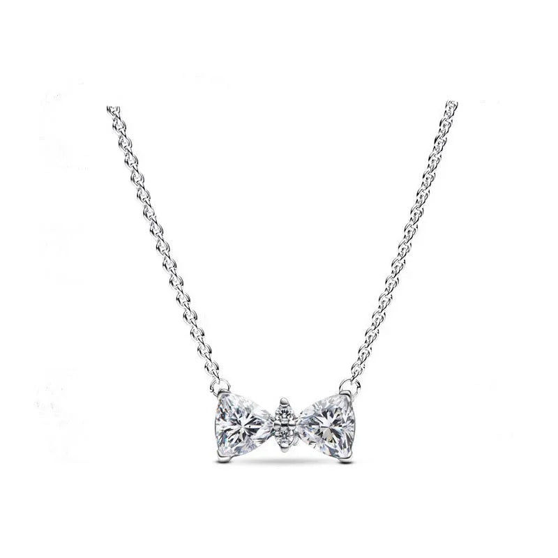 Hot Sale Original 925 Sterling Silver Colorful Bow Tie Necklace Red Heart Pendant Round Necklace Classic DIY Fine Christmas Gift