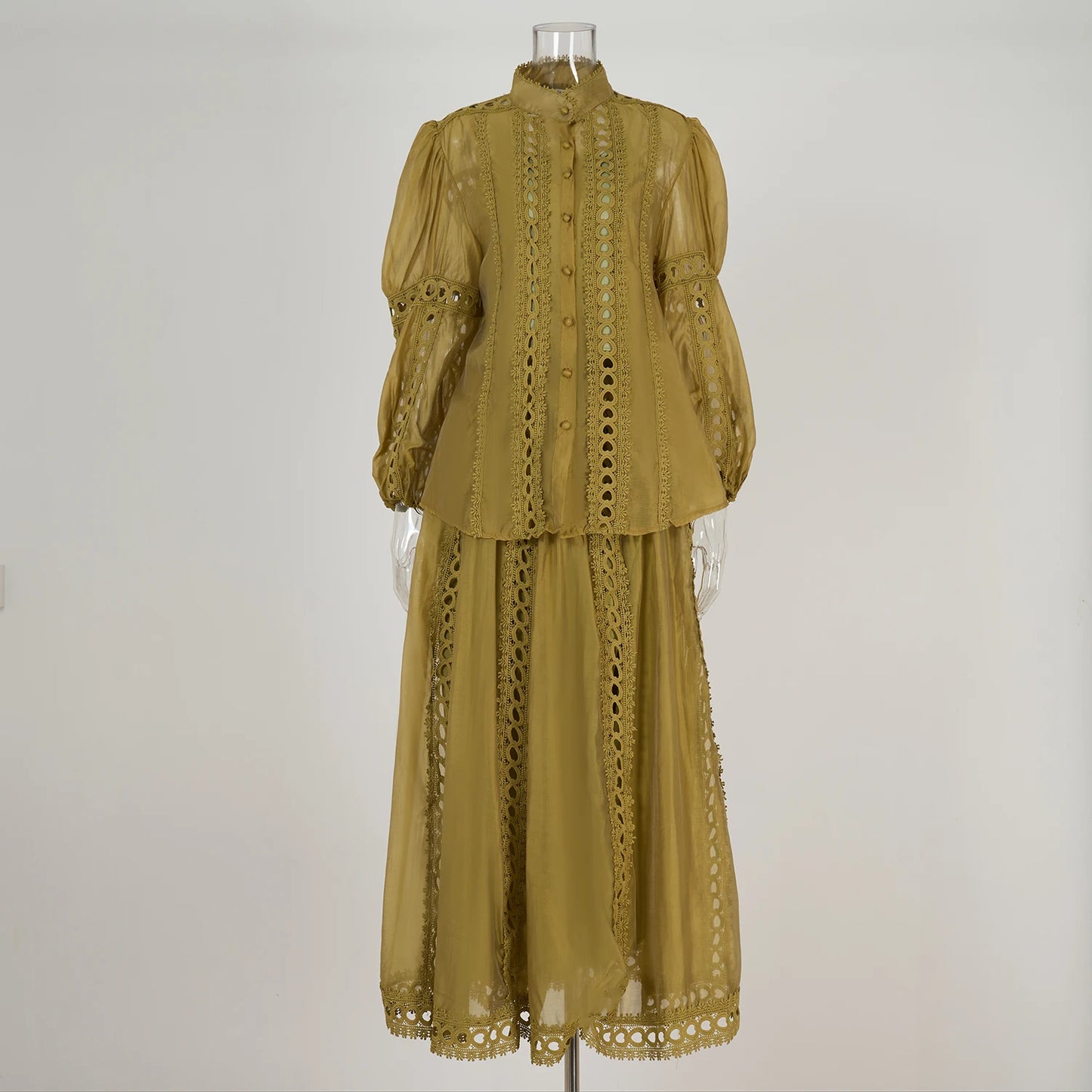 Elegant Embroidery Long Dress 2 Piece Set Women Summer Autumn Hollow Out Crochet Shirts Elastic Waist Long Maxi Skirt Suits