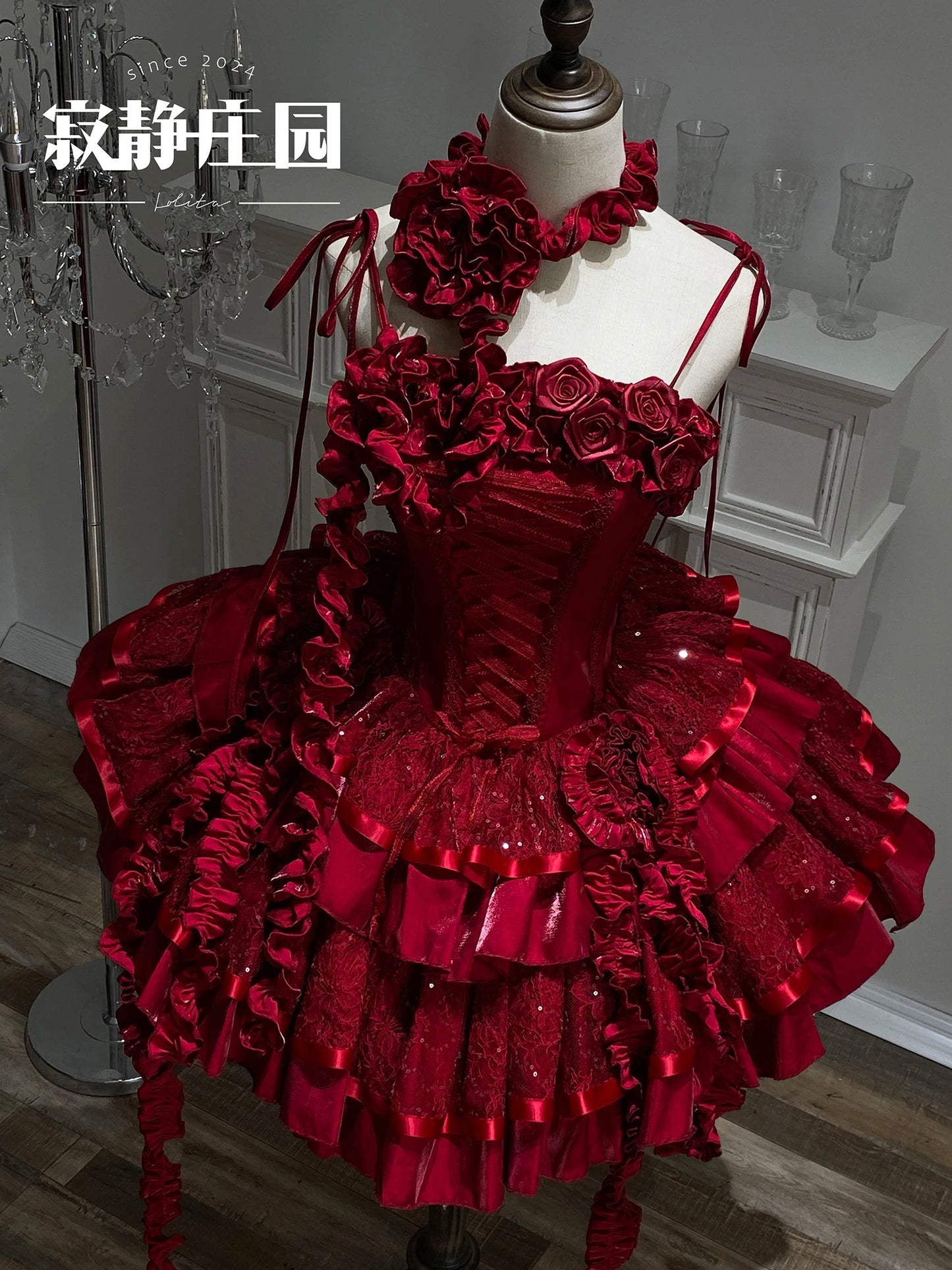 Original Lolita Dress New Christmas New Year Goth Red Fish Bone Jsk Dress Halloween Cosplay Dark Blue Slim Sling Short Dresses
