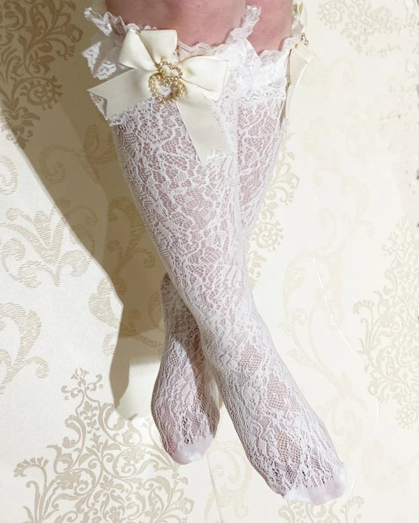 Handmade Sweet Lolita Bow Pearl Heart Pendant Lace Mid-Calf Socks Japanese Style Cotton Lace Socks Girls Women