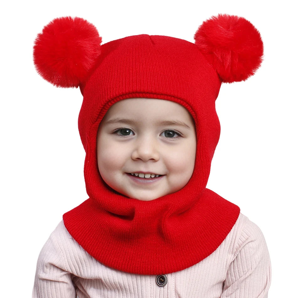 Kids Autumn Winter Pullover Hat Children's Double Ball Ear Protection One-piece Hats Baby Yarn Knit Cap Balaclava Christmas Gift
