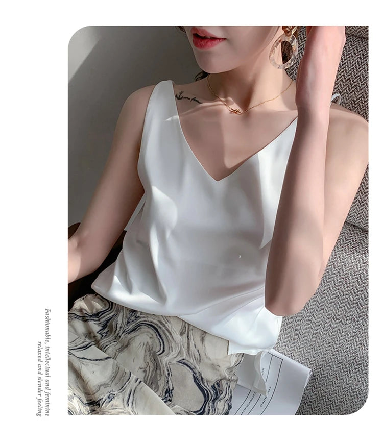 Women's New Four Seasons Inner Wear Silk Suspenders 2022 V-Neck Solid All-Match Satin Vest Soft Loose Thin Lady Sleeveless Tops