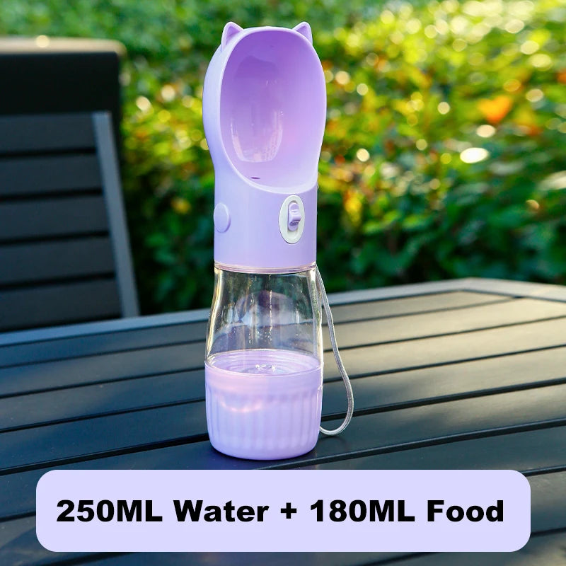 2 in 1 Portable Dog Water Bottle PC Plastic Cat Head Puppy Pet Drink Bowl 250ML Feeding Water Bowl 180ML Storage Food Container