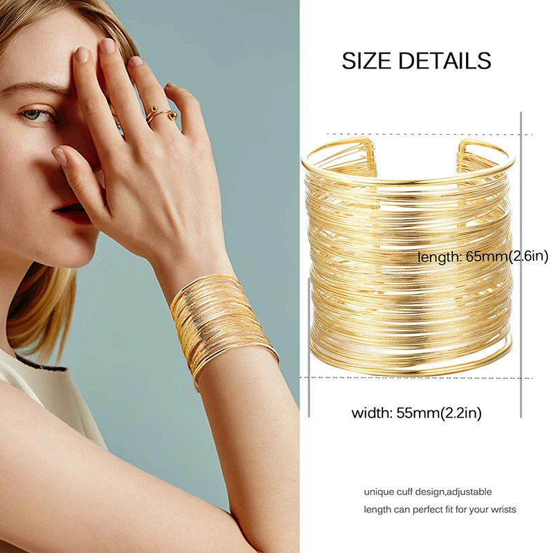 FTCY 6 Pcs Cuff Bangle Bracelet for Women Gold Color Open Wide Wire Bracelets Women's Wrist Cuff Wrap Bangles