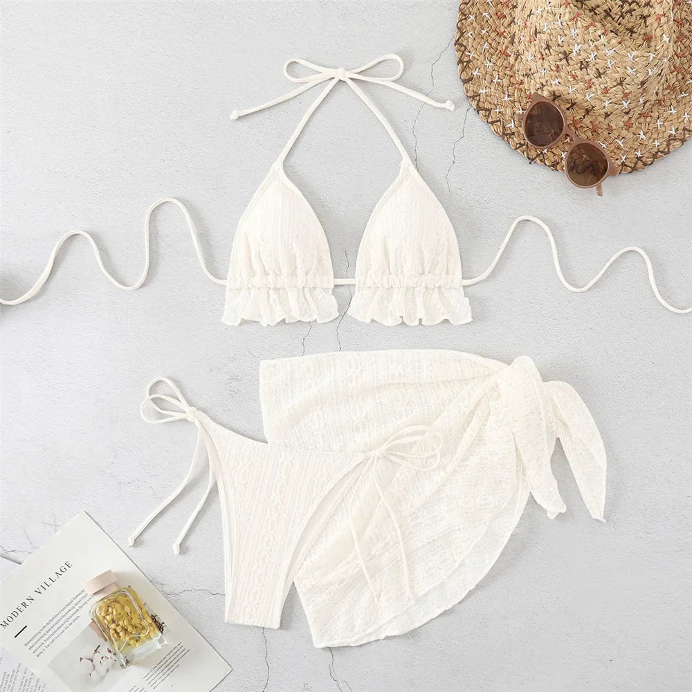 Halter String Triangle 3 Piece Bikini Set Beige Lace Mesh Sexy Swimsuit Women 2025 Cover Up Swimwear Bathing Suit Bikinis Dames