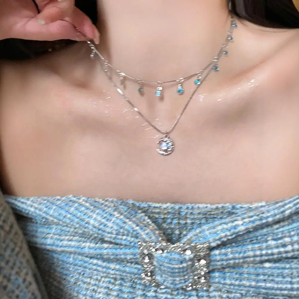 Double Layer Crystal Blue Moon Zircon Charm Square Pendant Necklace For Women Fashion Geometric Neck Chain Jewelry Gift