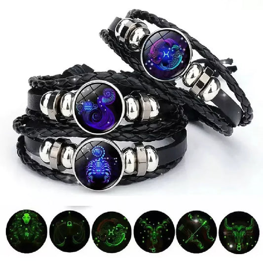 Luminous 12 Zodiac Constellation Sign Braided Couples Leather Bracelet For men Black Rope Charm Party Grow in the dark Jewelry