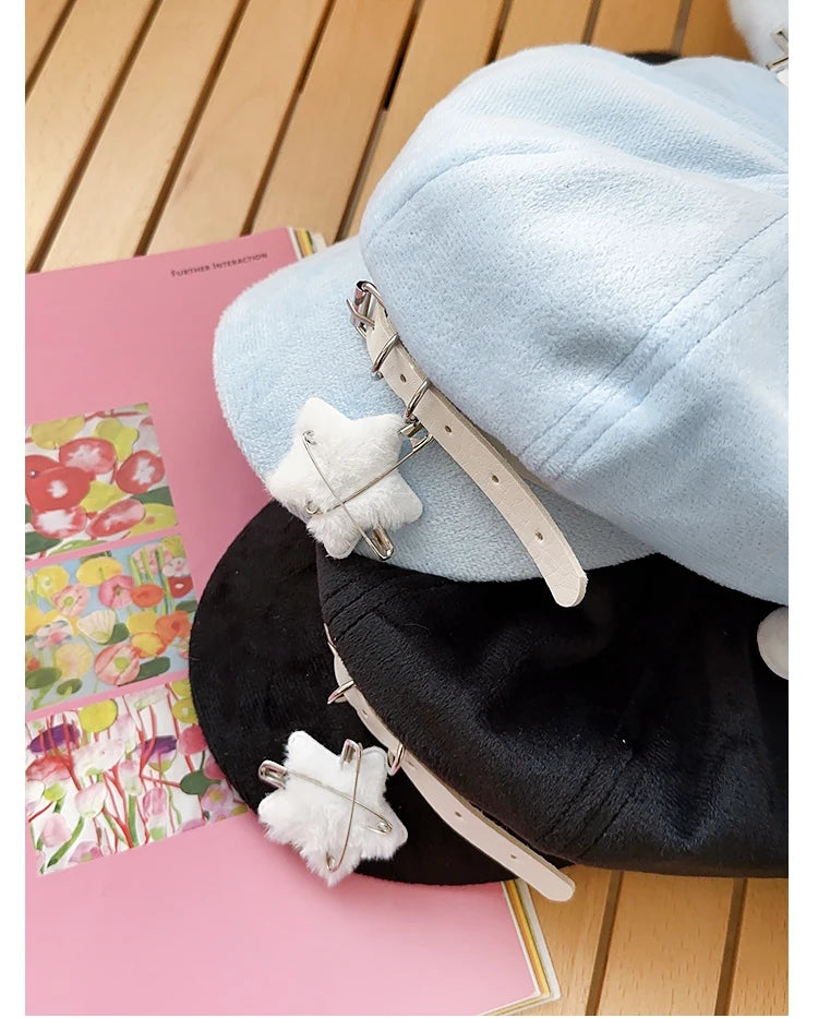 Original Niche Cute Rabbit Ears Plush Berets Cap Y2k Autumn and Winter Travel Personality Versatile Sweet Octagonal Hats Women
