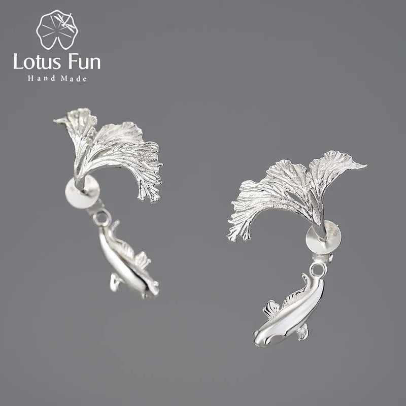 Lotus Fun 18K Gold Unusual Divided Design Fighting Fish Stud Earrings for Women Real 925 Sterling Silver Original Fine Jewelry