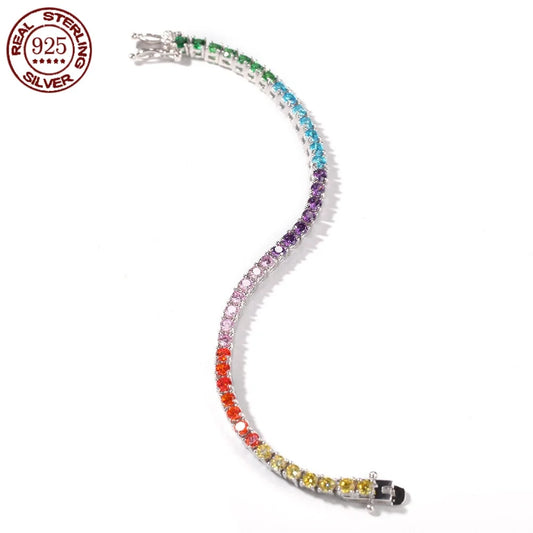 Pure Silver Rainbow Tennis Bracelet Pave 3.5MM Bling Rainbow Zircon 18K Gold Plated Beautiful Real 925 Fashion Exquisite Jewelry
