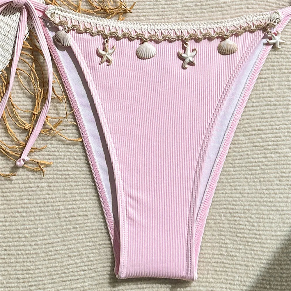 Shell Decoration Swimwear String Halter Bikinis Sets Micro Thong Sexy Swimsuit Women 2025 Bathing Suit Purple Triangle Bikini