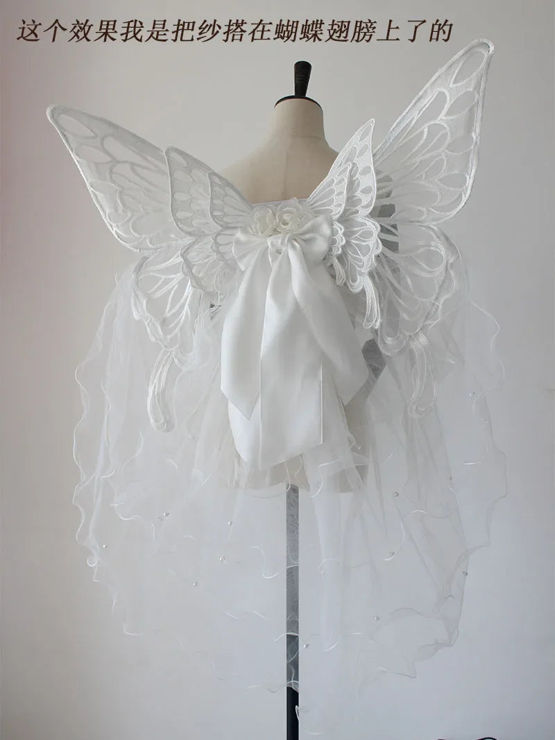 Handmade Black White Butterfly Wings Can Back Wear Lolita Mesh Back Decoration for Party Photo Props Girl Womens Butterfly Clips