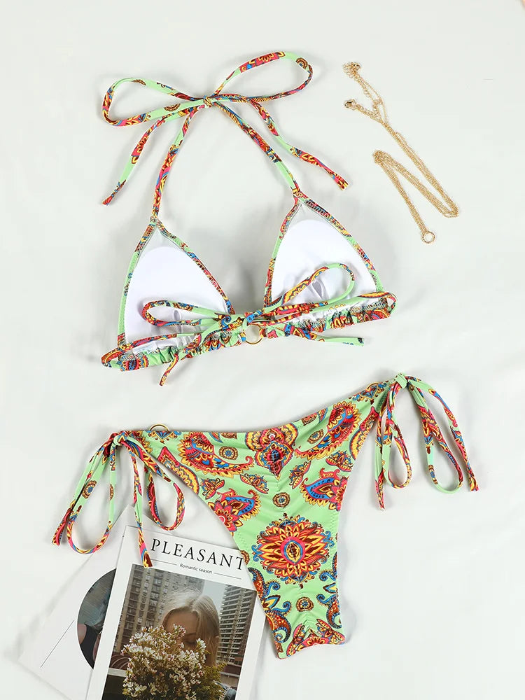 Triangle Bikini Sets Print Swimsuit Women 2023 Bikinis Bandage Swimwear Micro Thong Two Piece Suit Biquini Brazilian Swimsuits