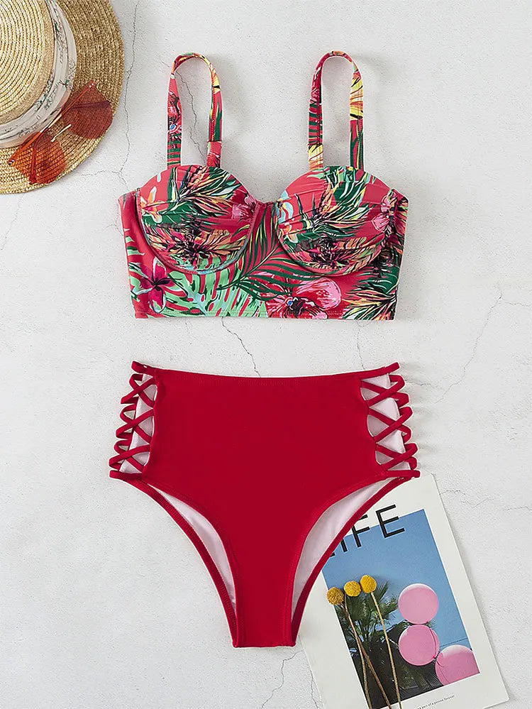 Cikini-Tropical Print Criss Cross Push Up Bikinis Set, High Waist Split Swimwear, Summer Swimsuit, Bathing Suit for Women, 2 Pcs