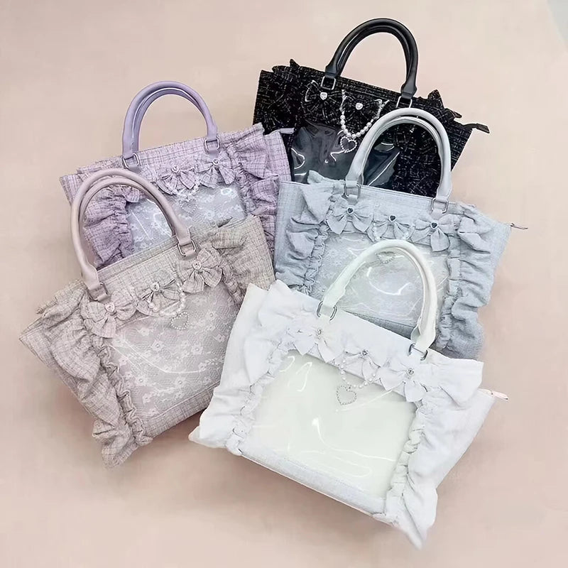 Japanese Style Mine Ita Bag Ruffled Lace Women Girls Rhienstone Pearl Bowknot Square Tote Shoulder Portable Bolso Handbags