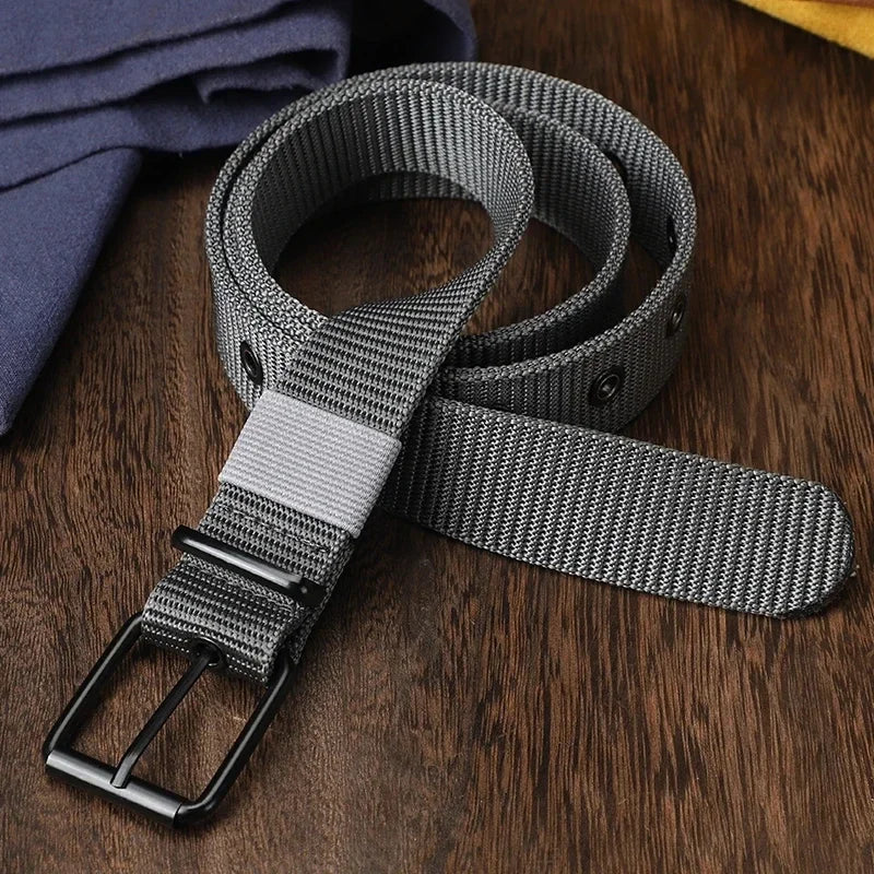 Men's Belt Porous Canvas Pin Buckle Leather Belt Outdoor Sports Belt Women's Trendy Eyelet Belt with Jeans Belt for Men Women